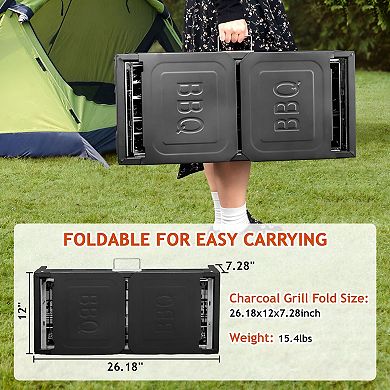2-in-1 Outdoor Charcoal Grill with Stainless Steel Grate, Baking Pan and Side Trays