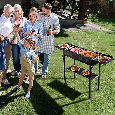 2-in-1 Outdoor Charcoal Grill with Stainless Steel Grate, Baking Pan and Side Trays