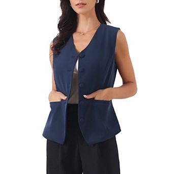 Women's V Neck Waistcoat Button Down Office Vest with Pockets