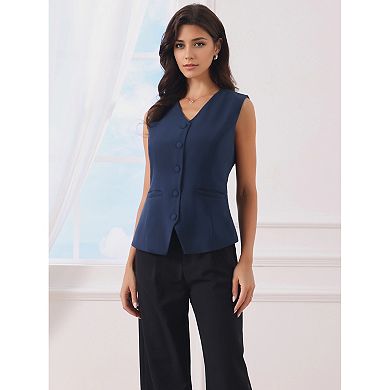 Women's V Neck Waistcoat Button Down Office Vest with Pockets