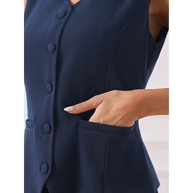 Women's V Neck Waistcoat Button Down Office Vest with Pockets