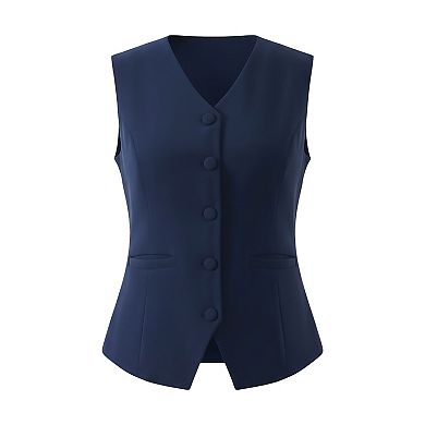 Women's V Neck Waistcoat Button Down Office Vest with Pockets