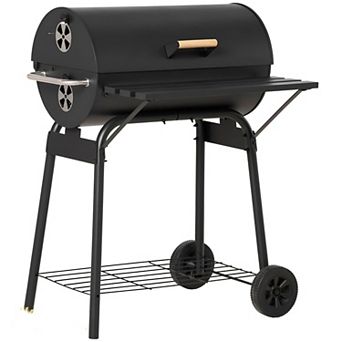 Charcoal BBQ Grill with Lid, Warming Rack, Wheels and Storage Shelves for Backyard
