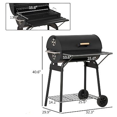 Charcoal BBQ Grill with Lid, Warming Rack, Wheels and Storage Shelves for Backyard