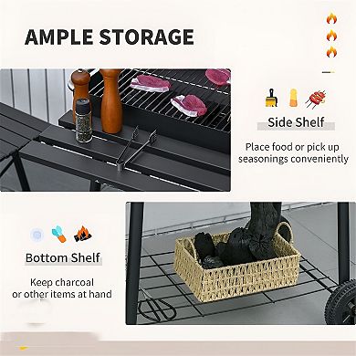 Charcoal BBQ Grill with Lid, Warming Rack, Wheels and Storage Shelves for Backyard