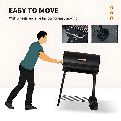 Charcoal BBQ Grill with Lid, Warming Rack, Wheels and Storage Shelves for Backyard