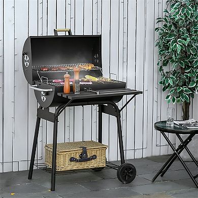 Charcoal BBQ Grill with Lid, Warming Rack, Wheels and Storage Shelves for Backyard