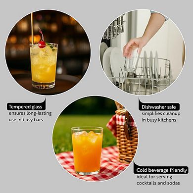 Fine-Blown Tom Collins Glass Set, Tempered Tumblers for Cocktails & Drinks