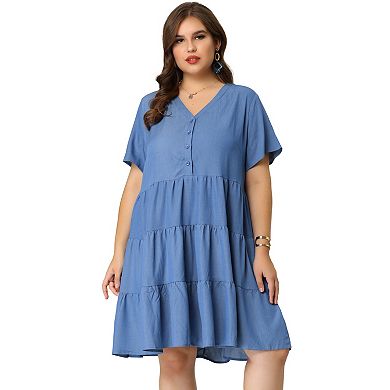 Women's Plus Size Tiered V Neck Chambray Dresses