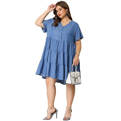 Women's Plus Size Tiered V Neck Chambray Dresses
