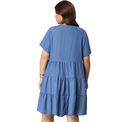 Women's Plus Size Tiered V Neck Chambray Dresses