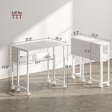 Adjustable Folding Desk with Drop-Leaf Top, Storage Shelf, and Swivel Wheels