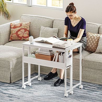 Adjustable Folding Desk with Drop-Leaf Top, Storage Shelf, and Swivel Wheels