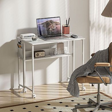 Adjustable Folding Desk with Drop-Leaf Top, Storage Shelf, and Swivel Wheels