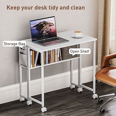 Adjustable Folding Desk with Drop-Leaf Top, Storage Shelf, and Swivel Wheels