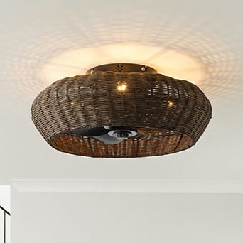 20" Rustic Handwoven Rattan Flush Mount Ceiling Fan with 4-Light and Remote