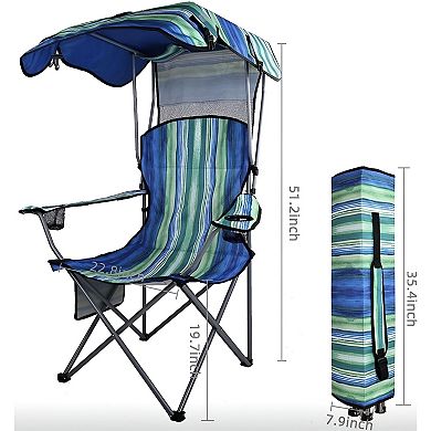 Folding Outdoor Chair with Sunshade Canopy Cup Holders Portable Camping Chair