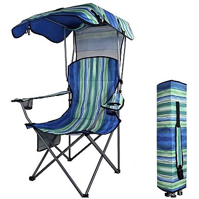Folding Outdoor Chair with Sunshade Canopy Cup Holders Portable Camping Chair