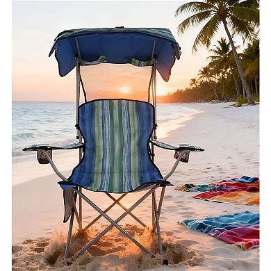 Folding Outdoor Chair with Sunshade Canopy Cup Holders Portable Camping Chair