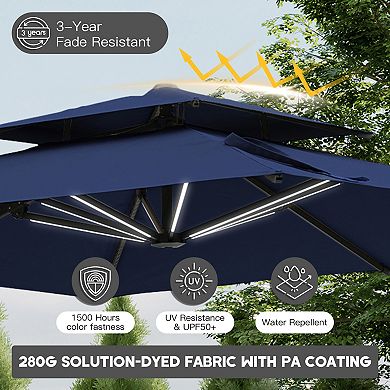 Clihome 10x10ft Double Top Cantilever Umbrella with LED Lights Rectangular Crank Market Umbrella