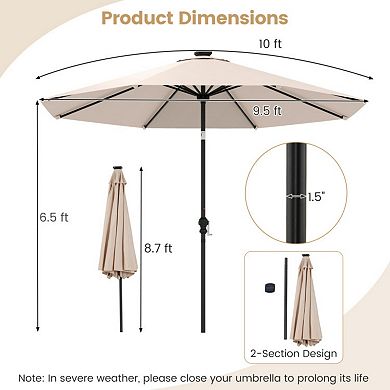 10 Feet Solar Patio Umbrella with Multi Colored LED Lights and Tilt Adjustment