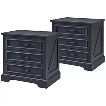 Nightstand Set of 2 with Charging Station, 24" Wide Farmhouse End Table with 3 Drawers & Handles