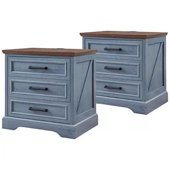 Nightstand Set of 2 with Charging Station, 24" Wide Farmhouse End Table with 3 Drawers & Handles
