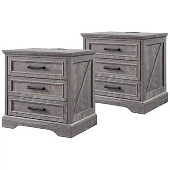 Nightstand Set of 2 with Charging Station, 24" Wide Farmhouse End Table with 3 Drawers & Handles