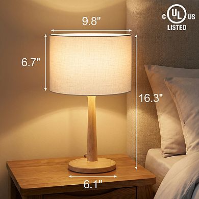 Natural Wood Table Lamp with Linen Shade & Adjustable Dimmer