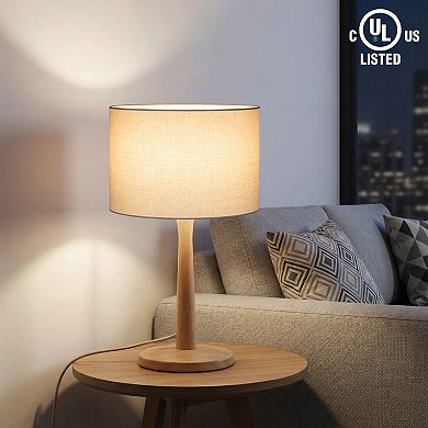 Natural Wood Table Lamp with Linen Shade & Adjustable Dimmer