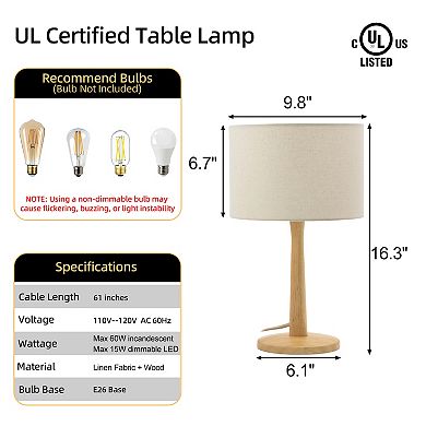 Natural Wood Table Lamp with Linen Shade & Adjustable Dimmer