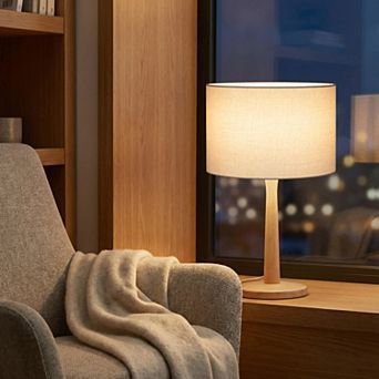 Natural Wood Table Lamp with Linen Shade & Adjustable Dimmer