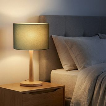 Natural Wood Table Lamp with Linen Shade & Adjustable Dimmer