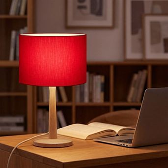 Natural Wood Table Lamp with Linen Shade & Adjustable Dimmer