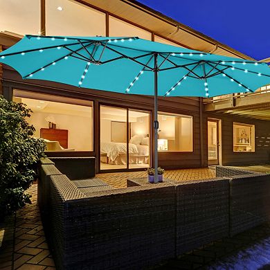 15 Feet Twin Patio Umbrella with 48 Solar LED Lights
