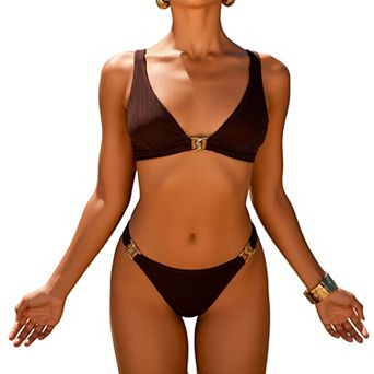 Women’s Ribbed 2 pc Bikini Set, Triangle Top with Gold Hardware High Cut Bathing Suit