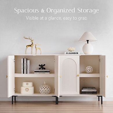 Mid-Century Modern TV Stand Set for 70 Inch TVs, Wood Media Console w/ Adjustable Shelves & Storage