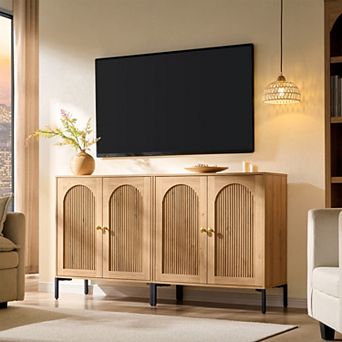 Modern TV Stand Set for 70 Inch TVs, Mid-Century Wood Media Console w/ Adjustable Shelves & Storage