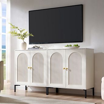 Modern TV Stand Set for 70 Inch TVs, Mid-Century Wood Media Console w/ Adjustable Shelves & Storage