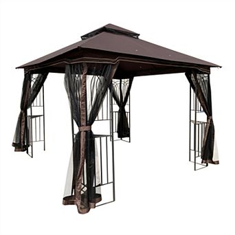 10x10 FT Outdoor Patio Gazebo Canopy Tent with Double Vented Roof & Mosquito net, Brown