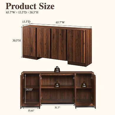 Sideboard Buffet Cabinet with Storage, 66" Kitchen Storage Cabinet w/ 4 Doors, Modern Rounded Corner