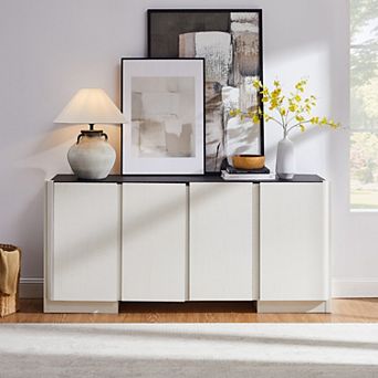 Sideboard Buffet Cabinet with Storage, 66" Kitchen Storage Cabinet w/ 4 Doors, Modern Rounded Corner