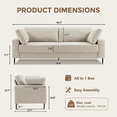 84.3" Modern 3-Seater Sofa Couch w/ Arm, Mid-Century Deep Comfy LoveSeat for Apartment Living Room