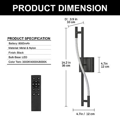 24.8in Integrated LED Wall Sconce, Matte Black, Modern, Remote, 8000mAh Rechargeable, Woven, 2 Pack