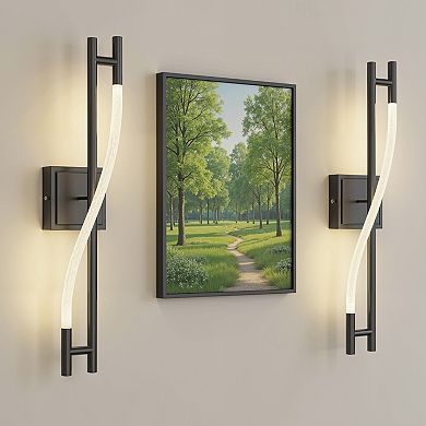 24.8in Integrated LED Wall Sconce, Matte Black, Modern, Remote, 8000mAh Rechargeable, Woven, 2 Pack