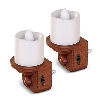 1W Candle Style Plug in Integrated LED Night Light with Light Woodgrain Plastic Amber 2700K 2 Pack