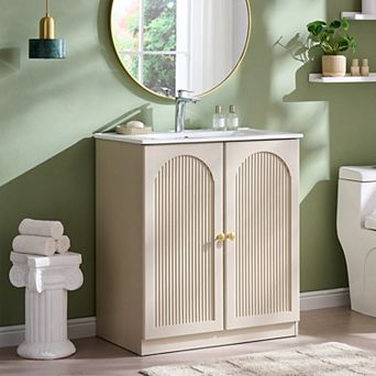 30" Modern Fluted Bathroom Vanity with Sink, Wood Freestanding Bathroom Sink Cabinet w/ Doors