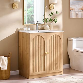 30" Modern Fluted Bathroom Vanity with Sink, Wood Freestanding Bathroom Sink Cabinet w/ Doors