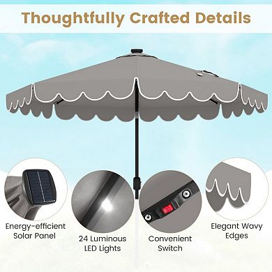 9.3 FT Solar Patio Umbrella with 24 LED Lights Vented Top and Ruffles
