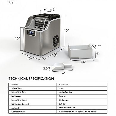 Electric Countertop Ice Maker with Ice Scoop and Basket-Sliver
